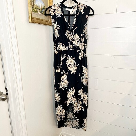 ASTR The Label Sleeveless Floral Hi Lo Faux Wrap Maxi Dress Black Size Medium - Picture 3 of 11